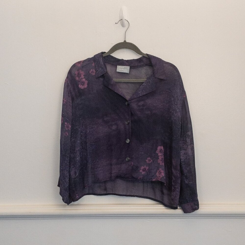 Carol Anderson Petite Sheer Purple Floral Blouse Button Front Lightweight Top